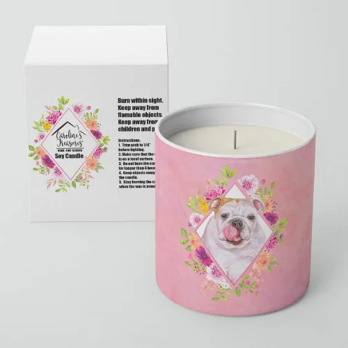 Vista 2 de Caroline's Treasures CK4140CDL Bulldog Inglés Flores Rosadas 10 oz Vela de Soja Decorativa Naturaleza Cera de Soja Aceite Esencial Decoración