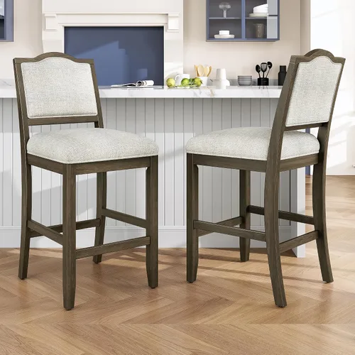 Vista 2 de Juego de 2 taburetes de bar de altura de mostrador, sillas de comedor rústicas con marco de madera de goma, respaldo ergonómico para isla de cocina