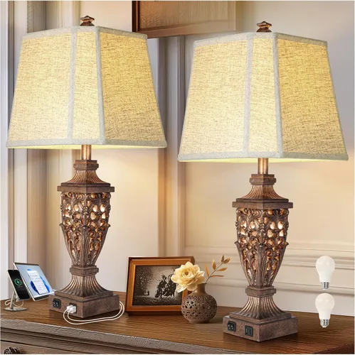 Vista 7 de Juego de 2 lámparas de mesa rústicas de 27" con luz nocturna para dormitorio, sala de estar, carga USB, lámpara de mesita de noche de granja