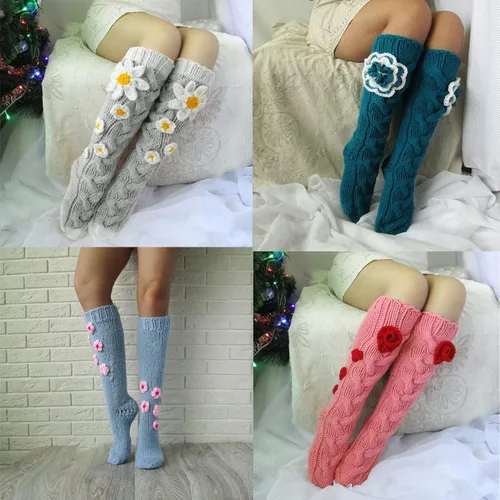 Vista 5 de YELAIVP Calcetines altos hasta la rodilla para mujer, de punto trenzado, con flores, casuales, para invierno, largos, para piernas