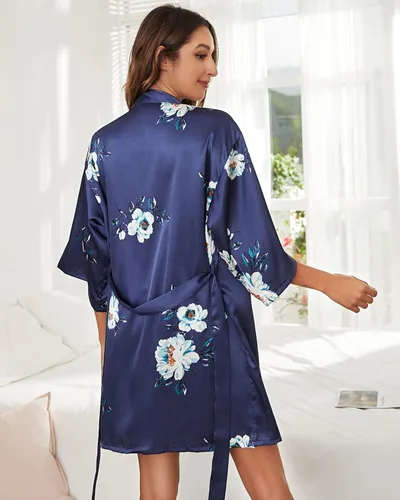 Vista 3 de Shymay Conjunto de pijama de satén para mujer, bata floral y vestido de noche, 2 piezas, ropa de dormir