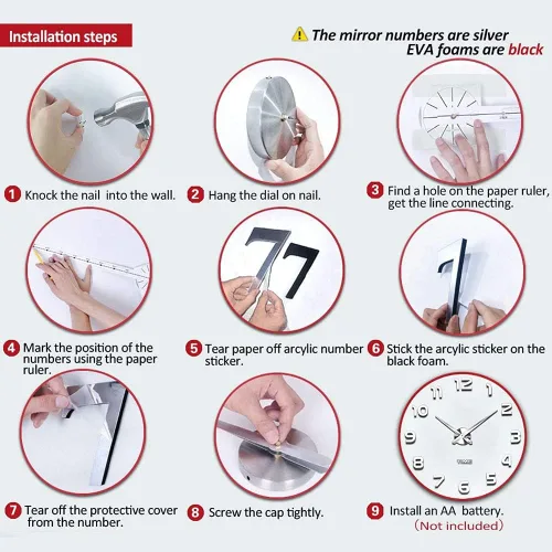 Vista 5 de Reloj de pared con espejo sin marco, calcomanías 3D de números romanos grandes, calcomanías autoadhesivas y silenciosas, calcomanías de pared