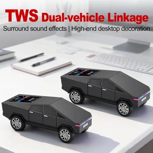Vista 4 de Altavoz Bluetooth para camioneta futurista con pantalla LED - TWS estéreo, radio FM, reproducción USB/TF, faros LED, micrófono integrado, regalo