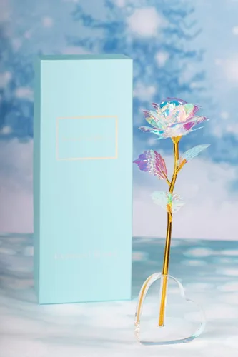 Vista 4 de Rosa de oro de 24 quilates/flor artificial colorida con soporte de rosa/rosa eterna caja de regalo de lujo para Navidad/cumpleaños/día del mes