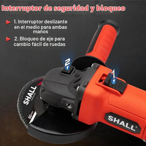 Vista 4 de SHALL Amoladora angular de 4-1/2 pulgadas, 11000 RPM, 4 amperios con 2 protecciones, 3 discos de corte, 3 muelas, mango antideslizante, llave
