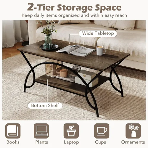 Vista 4 de GOFLAME Mesa auxiliar industrial, mesa central rectangular de 2 niveles con estante de almacenamiento, mesa decorativa con marco de metal arqueado