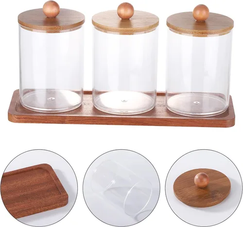 Vista 3 de Tbestmax - Soporte Qtip con bandeja de tocador, dispensador de recipientes de baño transparentes para almacenamiento, soporte para hisopos
