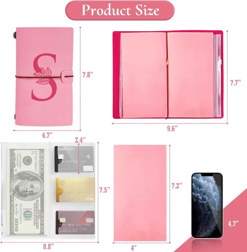 Vista 5 de Diario personalizado para regalo, diario de cuero con inicial rosa + juego de bolígrafo de corazón de diamante, cuaderno de viaje, bloc de notas