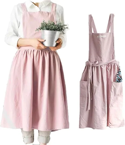 Vista 5 de Delantal de cocina de algodón y lino para mujer con bolsillos, lindo para hornear, pintar, jardinería y limpieza