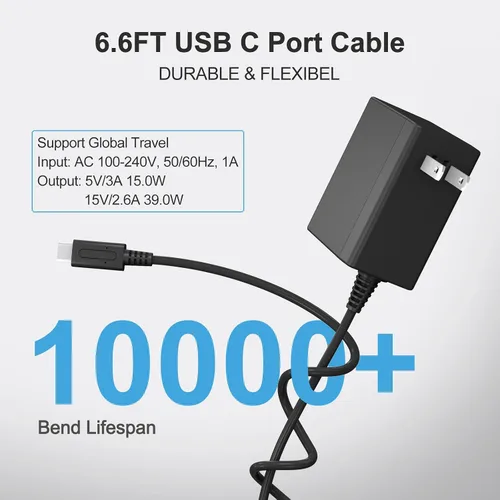 Vista 3 de 39W Charger,Compatible with Nintendo Switch with 6.6FT USB C Cord, 15V2.6A Power Supply Compatible with Nintendo Switch, Supports TV Mode and Dock