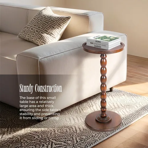 Vista 5 de Mesa auxiliar redonda con pedestal de madera maciza con borde superior de bandeja – Mesa auxiliar giratoria de bobina para sala de estar
