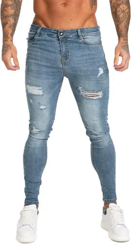 Vista 3 de Gingtto jeans entallados elásticos para hombre, de corte ajustado, rasgados, gastados