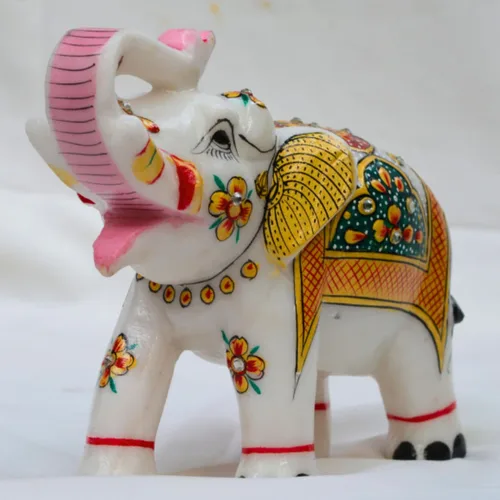 Vista 4 de Estatua de elefante de mármol de 5 x 7 pulgadas con pintado a mano Escultura de mármol hecha a mano Estatua de elefante auspicioso Figuras