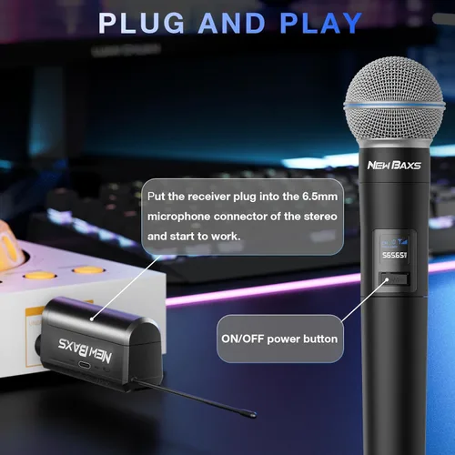 Vista 4 de Micrófono inalámbrico, micrófonos recargables inalámbricos de mano duales dinámicos, micrófonos de karaoke NEW BAXS con salida de 1/4 pulgada