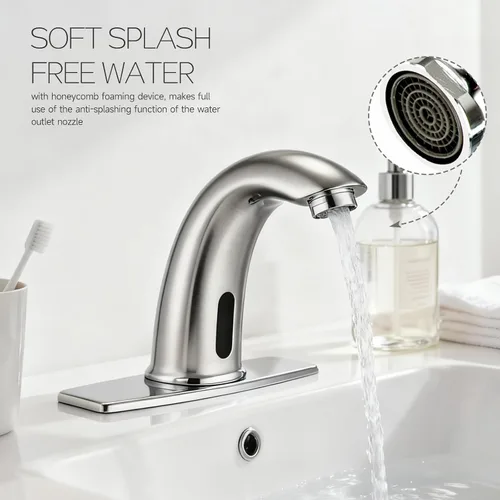 Vista 3 de Grifo de lavabo de baño sin contacto, sensor de movimiento automático, manos libres, con placa de cubierta de orificio y válvula de agua de mezcla