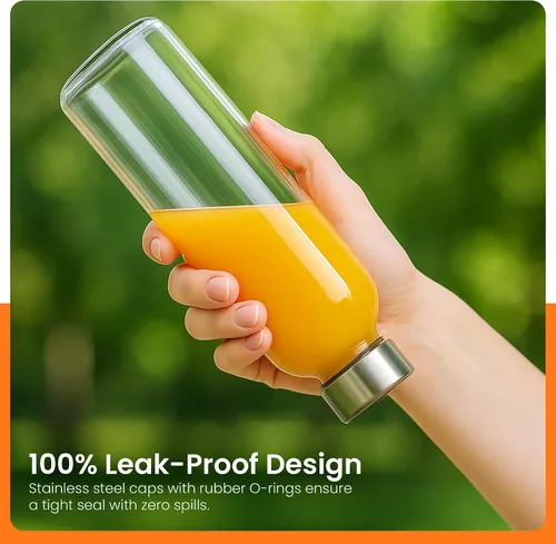 Vista 5 de Epica Botellas de vidrio con tapas: botellas de agua de 17.5 onzas, botellas de jugo de vidrio reutilizables con tapas para almacenar jugos, botella