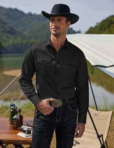 Vista 3 de COOFANDY Camisas vaqueras occidentales de manga larga de algodón con botones y bolsillos para hombre