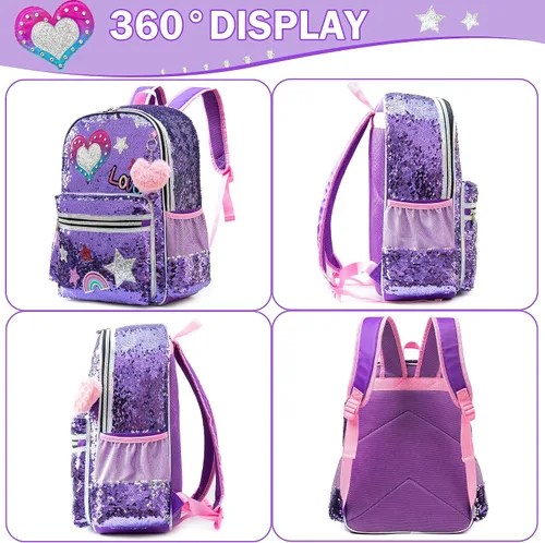 Vista 21 de Mochila para niñas de 16 pulgadas, mochilas para niñas para la escuela, mochila de lentejuelas con lonchera para estudiantes de primaria