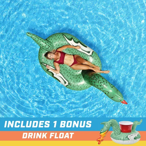 Vista 2 de GoFloats Flotadores inflables gigantes para piscina, elige unicornio, dragón, flamenco, cisne o toro, incluye flotador de bebida