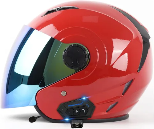 Vista 14 de Casco Bluetooth para motocicleta 3/4, casco retro abierto con visera solar, casco de moto Jet para hombres y mujeres adultos, casco aprobado por DOT