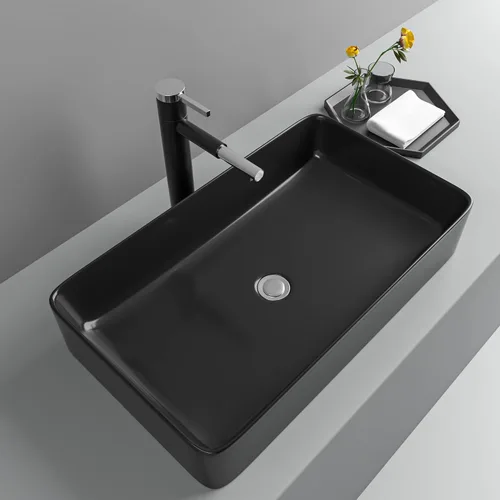 Vista 8 de Lavabo de baño negro de 16 x 12 pulgadas, lavabo de apoyo rectangular para baños, de cerámica, sobre mostrador, lavabo rectangular de baño, lavabo