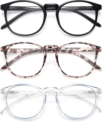 Vista 17 de IBOANN - Lentes con filtro de luz azul para mujeres y hombres, paquete de 3 unidades, armazón redonda estilo retro a la moda, lentes falsos vintage