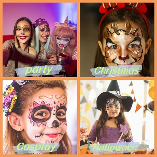 Vista 5 de Kit de pintura facial para niños, pinturas de maquillaje grandes a base de agua de 15 colores con plantillas, 2 pinceles, kit de maquillaje