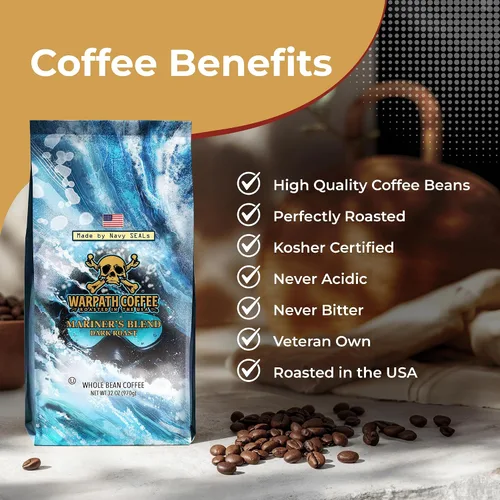 Vista 5 de Café Warpath tostado oscuro en grano entero, mezcla Mariner, alta cafeína, granos de café Arábica 100% tostados enteros, aroma rico, taza intensa