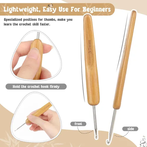 Vista 2 de Katech 10 ganchos de ganchillo ergonómicos para ganchillo, mango de madera de bambú, gancho de ganchillo de tamaño pequeño (0.030-0.118 in), hilo