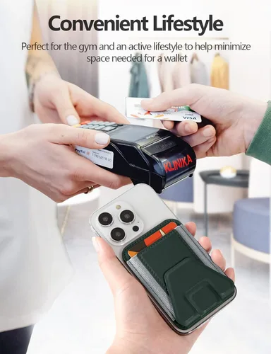 Vista 7 de ExtreLife Tarjetero magnético compatible con MagSafe Wallet Stand para iPhone 17/16/15/14/13/12, compatible con 7 tarjetas, verde y gris Magnetic