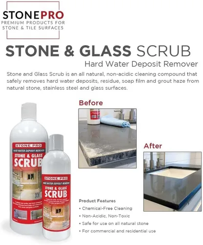 Vista 4 de Stone Pro Exfoliante de piedra y vidrio, removedor de manchas de agua dura, elimina manchas en vidrio, piedra natural, cuarzo y accesorios de metal