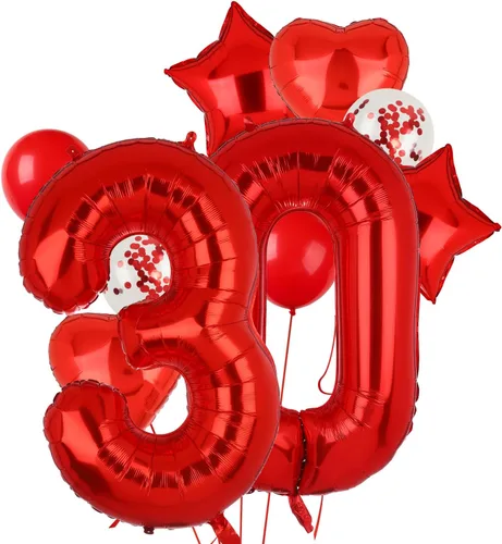 Vista 15 de Globos rojos de 40 pulgadas con números de Mylar para decoración de fiesta de cumpleaños número 10 Globos digitales de helio, 10 suministros