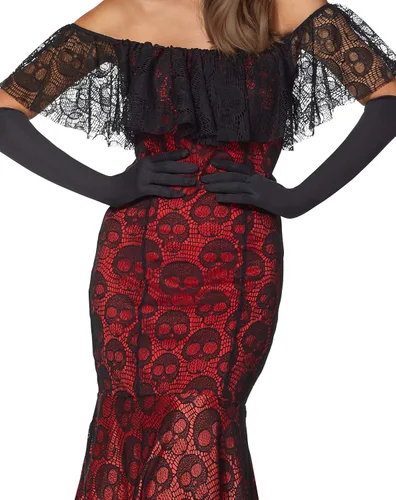 Vista 2 de Spirit Halloween Disfraz de trompeta del Día de los Muertos de La Catrina para adultos Vestido de encaje negro y rojo Disfraz fácil