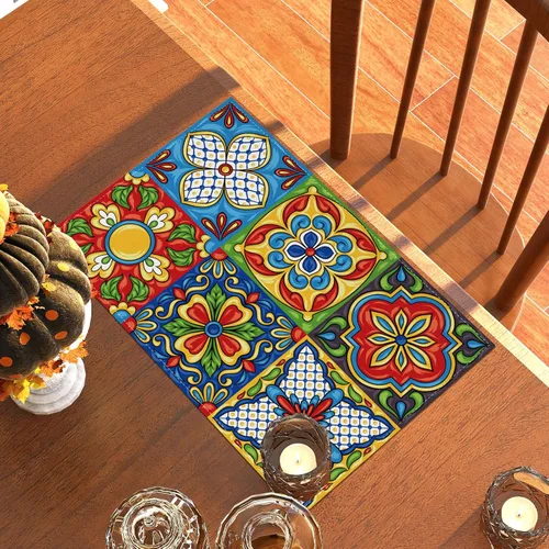 Vista 3 de Rvsticty Juego de 4 manteles individuales de talavera mexicana de cerámica del Cinco de Mayo, adornos étnicos folclóricos mexicanos, decoraciones