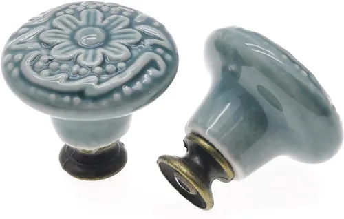 Vista 3 de 12 pomos de cerámica verde para gabinete, pomos decorativos florales para cajones, tiradores de muebles hechos a mano, 1.34 pulgadas de diámetro