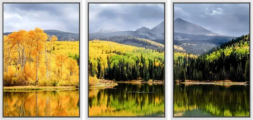 Vista 7 de SIGNWIN Lienzo enmarcado para pared, juego de arte nublado de tormenta, cielo, bosque otoñal, árboles, rústico, naturaleza, fotografía, realismo