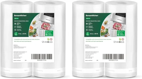 Vista 9 de Bonsenkitchen Bolsas Selladoras al Vacío, Rollos de 8" x 50' Paquete de 2 para Almacenamiento de Alimentos, Sin BPA, Resistente, Rollo de Alimentos