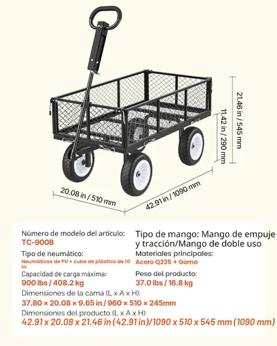 Vista 7 de VEVOR Carrito de jardín de acero de 900 libras, mango 2 en 1, carro de jardín extraíble resistente con neumáticos libres de 10 pulgadas, carrito