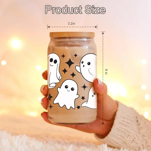 Vista 3 de Coolife Taza fantasma de Halloween, vaso de vidrio de 16 onzas con tapas y pajitas, taza de café helado espeluznante para batidos, bonitos regalos