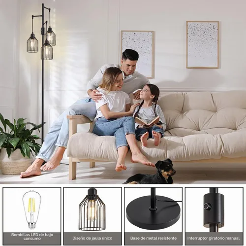 Vista 7 de Lámpara de pie regulable para sala de estar, lámpara de pie de granja con elegante jaula colgante, 3 bombillas LED Edison incluidas, lámpara de pie