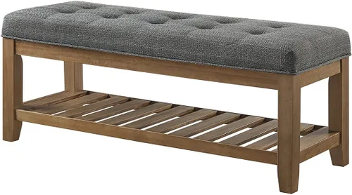 Vista 5 de 24KF Banco Otomano Grande Rectangular Tapizado con Capitoné de Tela de Lino, Banco Acolchado con Estante de Madera Maciza - Granito