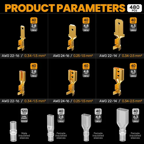 Vista 4 de Kit de herramienta de crimpado de conector de terminal abierto SOMELINE, terminales de desconexión macho hembra no aisladas de 2.8/4.8/6.3mm