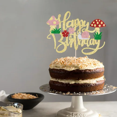Vista 6 de Kaoenla Decoración para tartas de hongos con purpurina, hongos y flores en primavera, el tema, decoraciones de feliz cumpleaños para niñas y niños