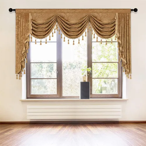 Vista 27 de ELKCA Cenefa de cortina de felpilla beige para ventana de sala de estar, cenefa de cascada para dormitorio, bolsillo para barra