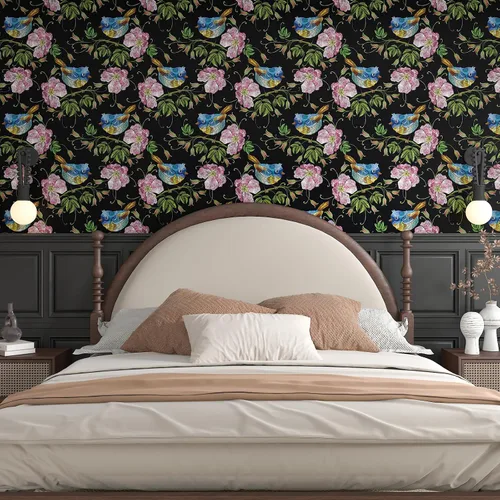 Vista 3 de CHIHUT Papel tapiz bordado de 17.7 x 100 pulgadas, diseño floral de pájaro, color negro, rosa, flores silvestres, azul, Wren, papel tapiz