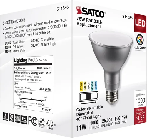 Vista 8 de Satco S11586; LED PAR30LN de 11 vatios; base media; acabado plateado; CCT seleccionable; 120 voltios; ángulo de haz de 40 grados