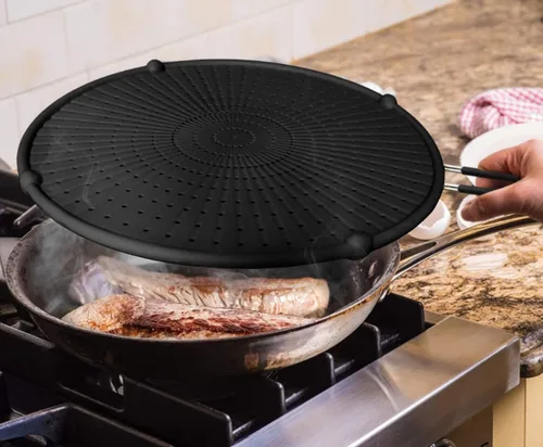 Vista 5 de Pantalla de silicona contra salpicaduras para sartén, protector contra salpicaduras de grasa para sartén, protector de salpicaduras de aceite Negro