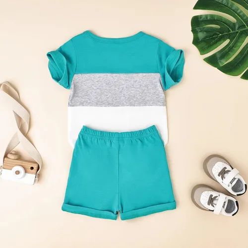 Vista 34 de Ropa para bebé niño pequeño, trajes de verano de manga corta, camiseta de retazos y pantalón con bolsillo, conjunto de 2 piezas, 12 meses a 4 años