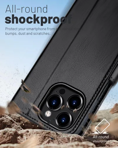 Vista 6 de OCASE Funda tipo cartera compatible con iPhone 15 Pro, de piel sintética, con tarjetero, bloqueo RFID, soporte para teléfono