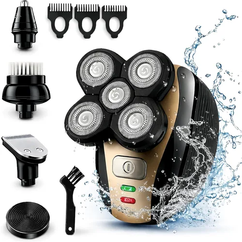 Vista 8 de Afeitadora eléctrica rotativa 5 en 1 para cabeza calva Recortadora de barba recargable 4D e inalámbrica Incluye afeitadora de calavera